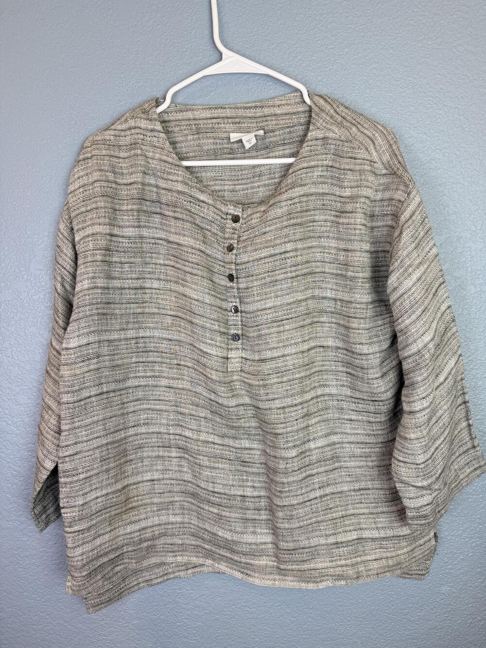 Pure Jill Blouse Womens XS Beige Stripe Linen 3/4 Sleeve Henley Tunic Top